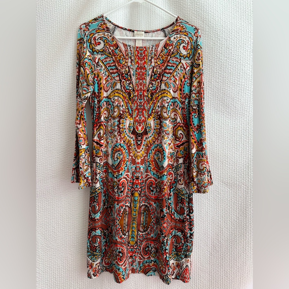 Chico's Women’s Blue Red Paisley Long Sleeve Dress Size: Medium